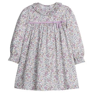 little english classic children's clothes girls lavender floral long sleeve dress with light purple velvet bow and ruffle collar for fall