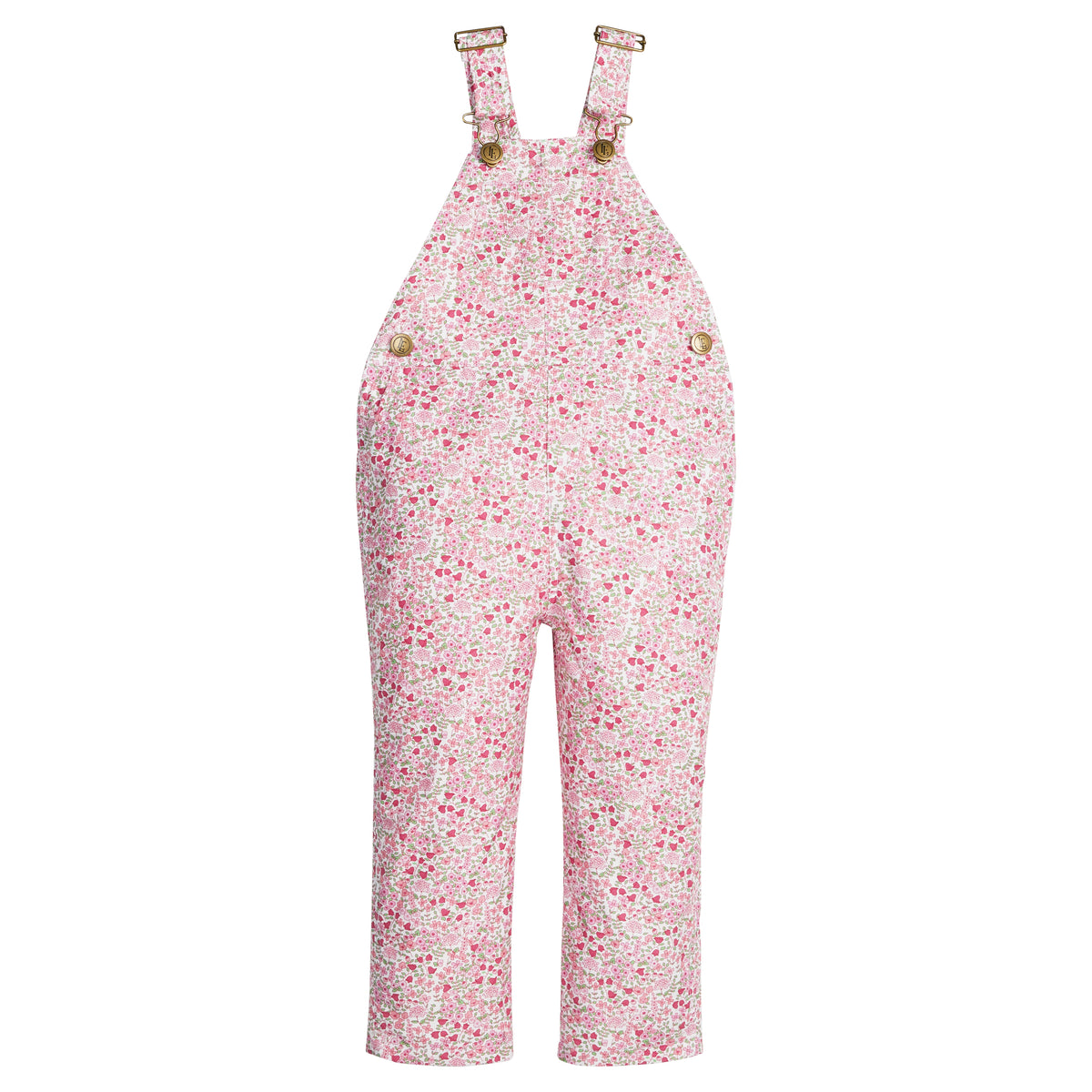 Little English classic overall for little girls. Pink and green floral twill overall for Fall