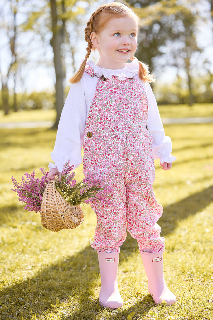 Little English classic childrens clothing. Pink and green fairfax floral twill overall, smocked madeline blouse in white with light pink trim for Fall
