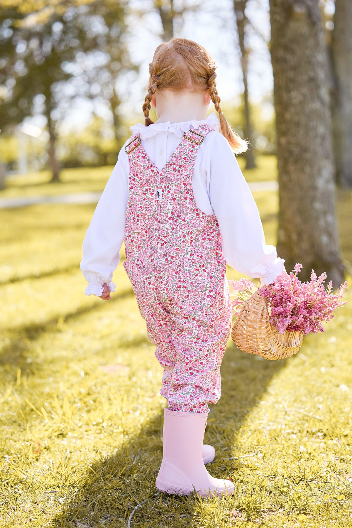 Little English classic childrens clothing. Pink and green fairfax floral twill overall, smocked knit blouse in white with light pink trim for Fall