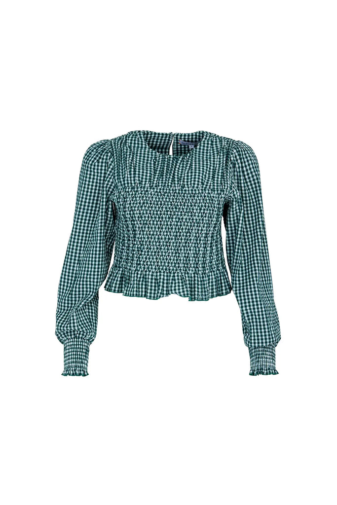 The Eubanks Top has a fitted bodice, puff sleeves, smocked cuffs, shirred yoke, and purl edge trim.