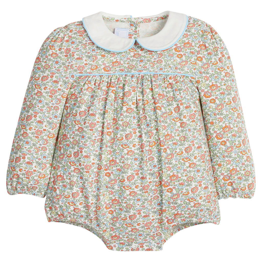 little english classic children's clothing girls orange, green, and light blue floral bubble with peter pan collar and light blue trim for fall