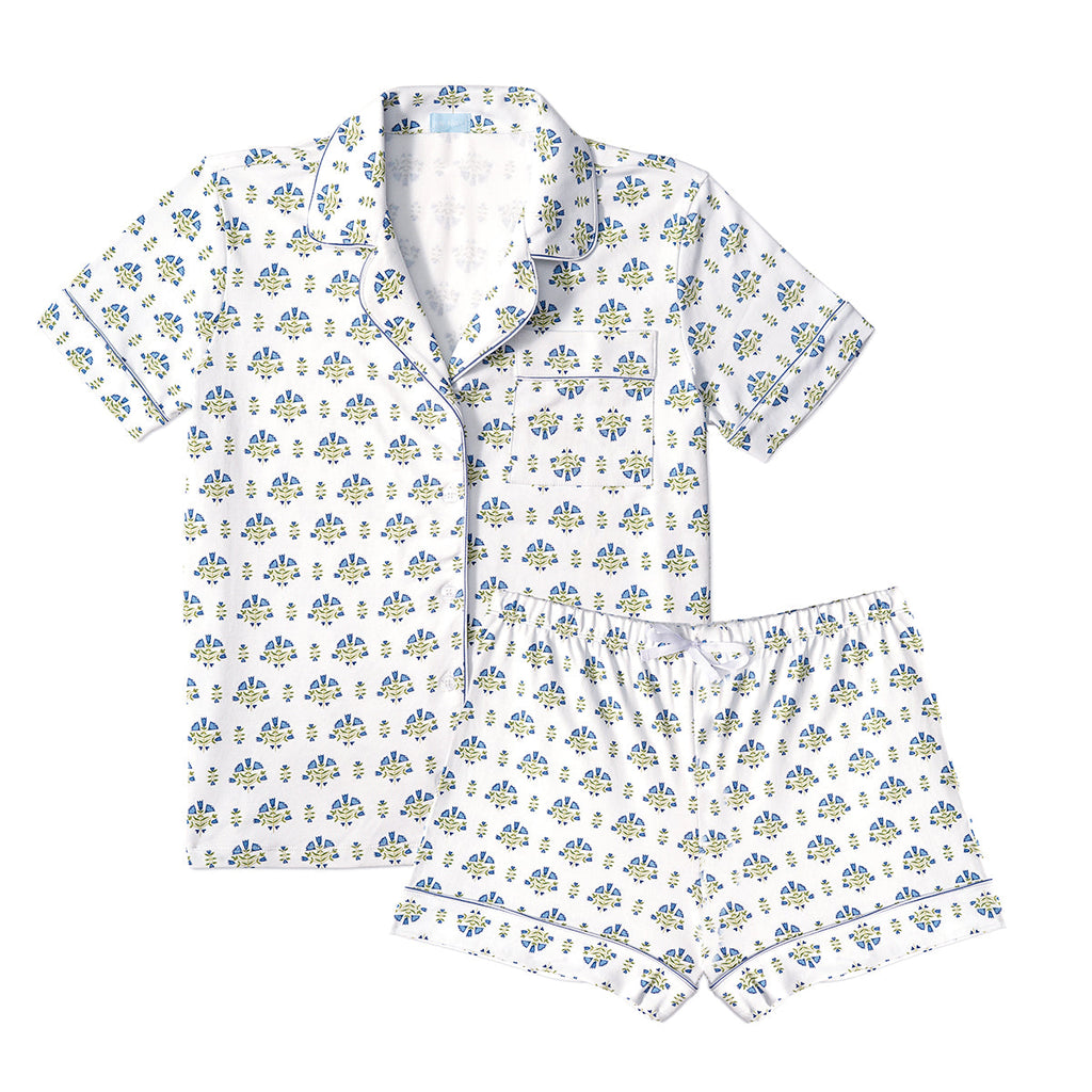 Women's Lyre Flower Block Button Front Short Pajama Set in Green