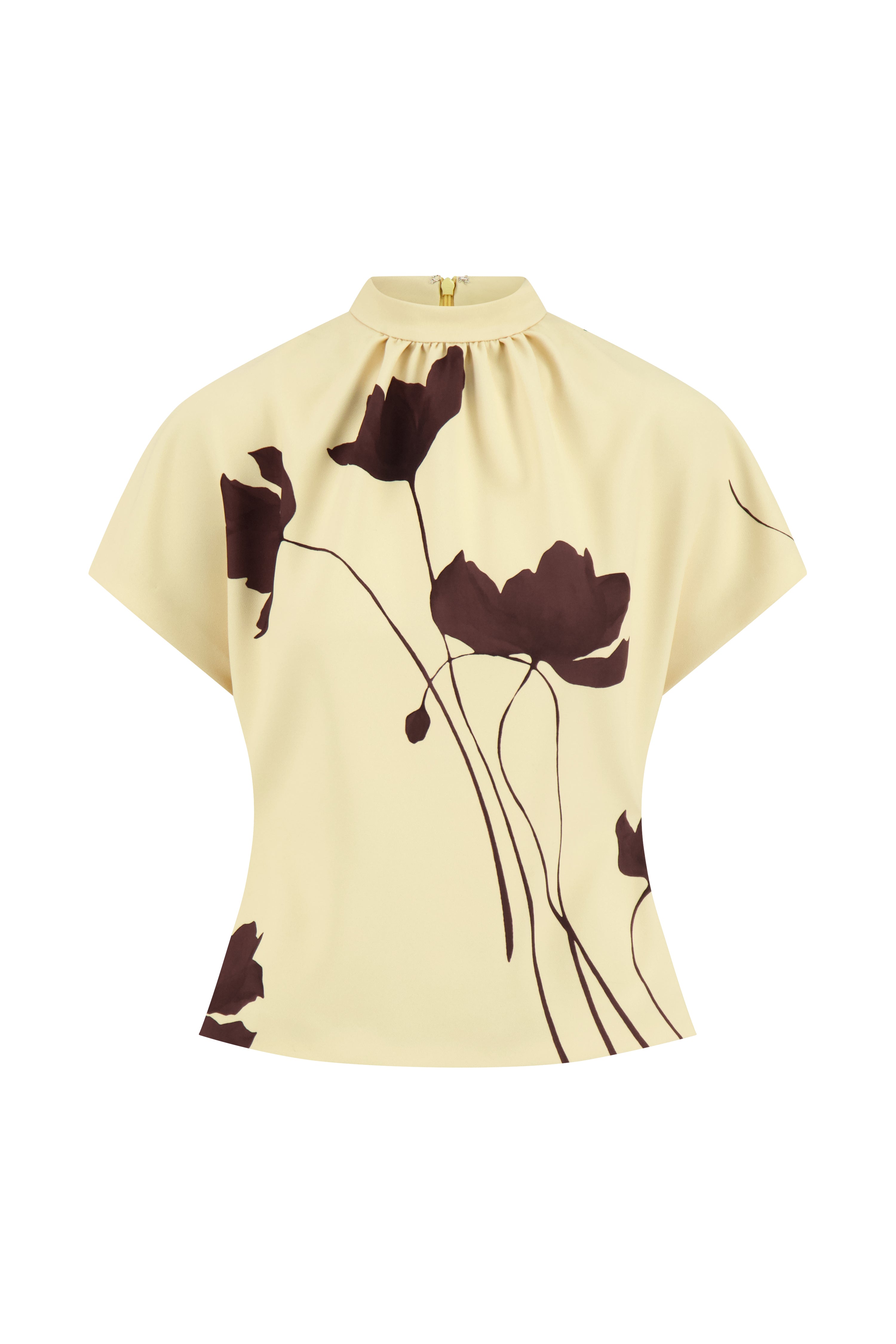 Floral Printed Crepe Mock Neck Short Sleeve Top in Sunlight & Cocoa