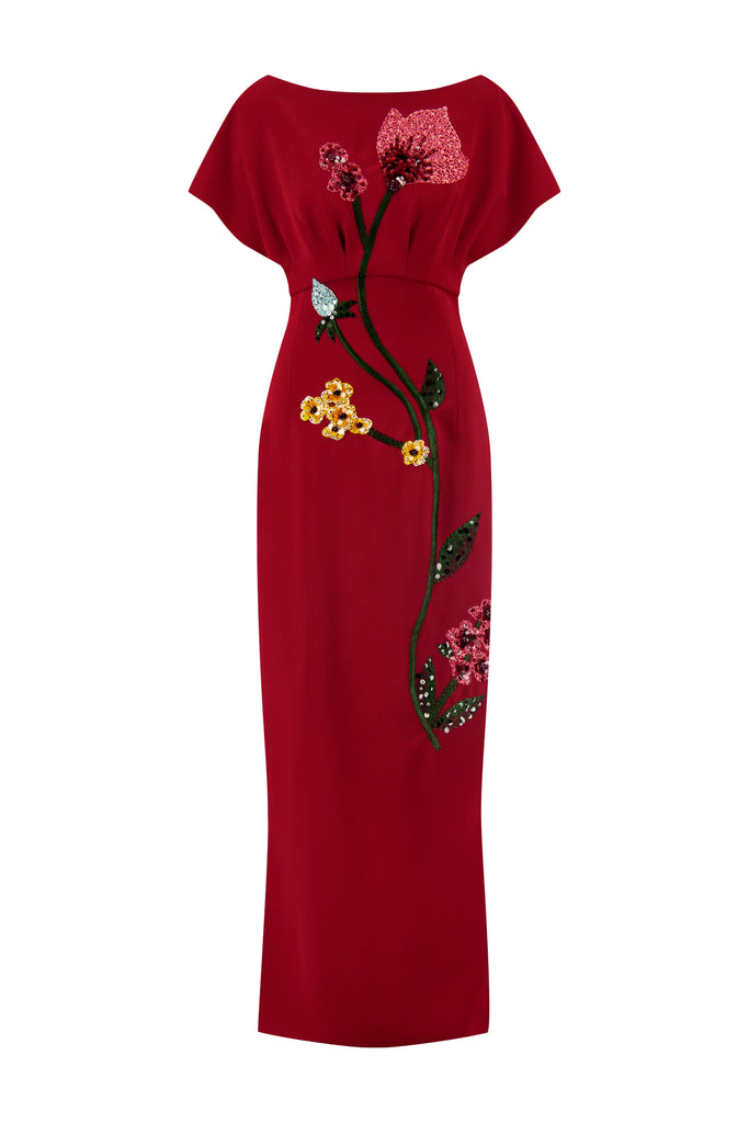 Floral Embroidery Savannah Gown in Wine