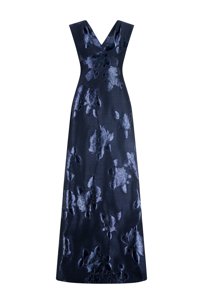 Floral Fil Coupe V-Neck Gown in Navy