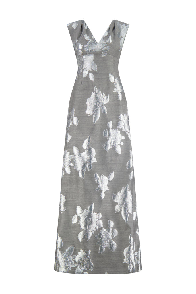 Floral Fil Coupe V-Neck Gown in Silver & Grey