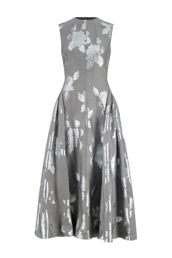 Floral Fil Coupe Sleeveless A-Line Dress in Silver & Grey