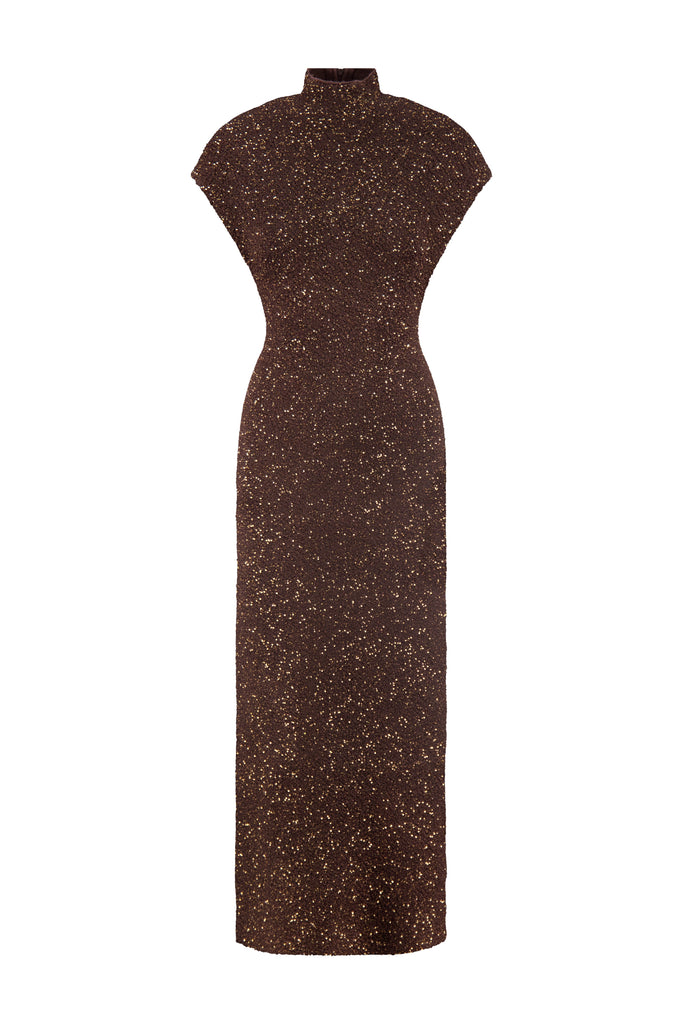 Sequin Knit Mock Neck Dress in Chocolate