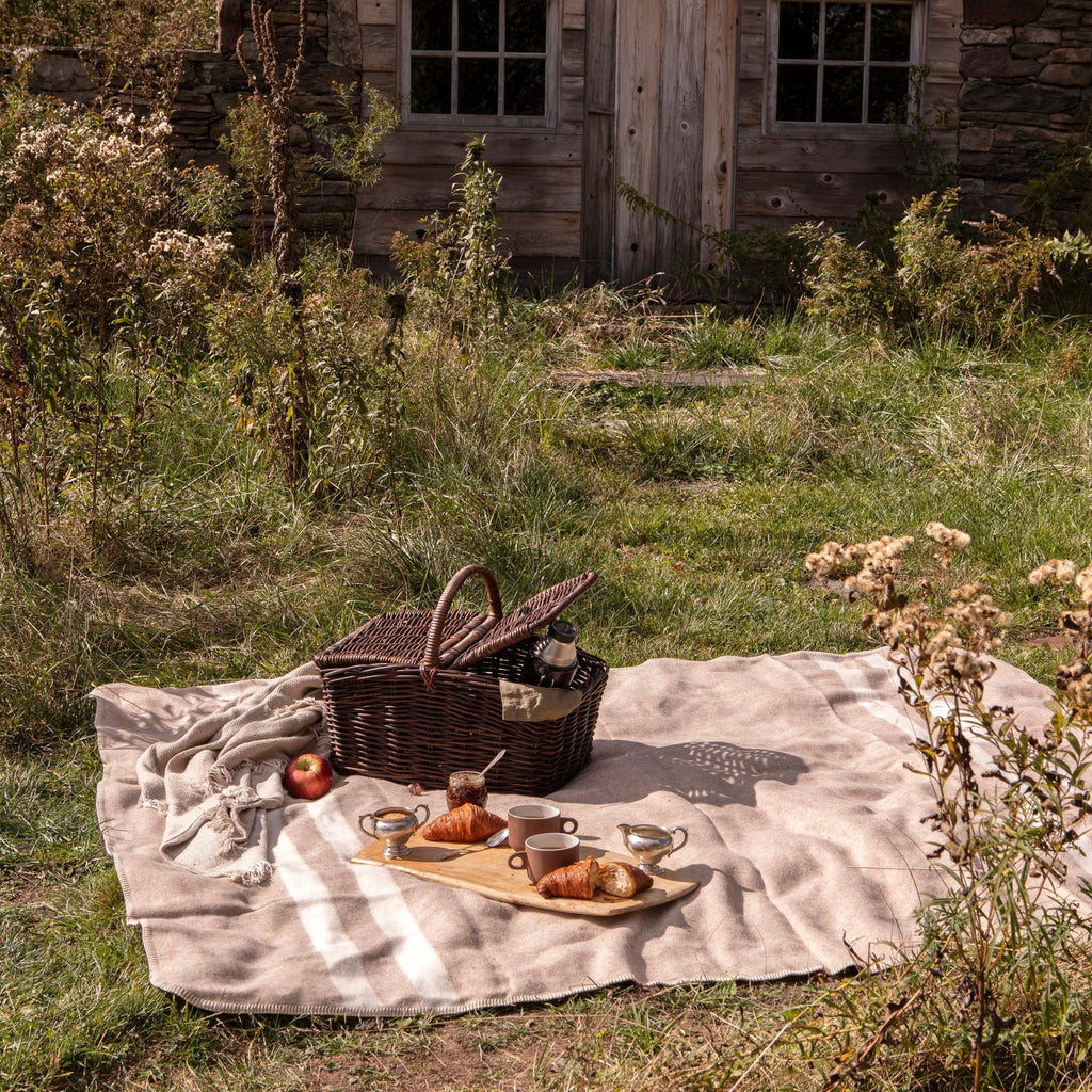 picnic basket outside on blanket