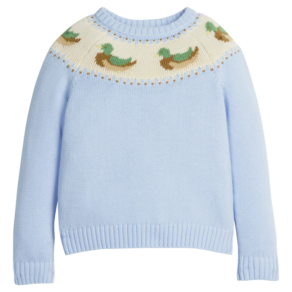 little english classic children's clothing light blue fair isle sweater with mallards along neck for boys for fall