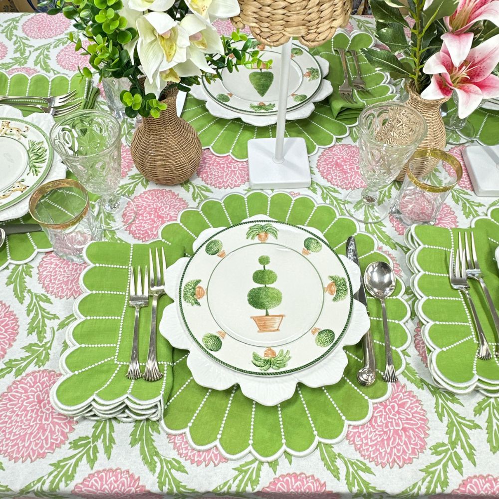 Linen green pippa placemat and napkin on hand block printed tablecloth