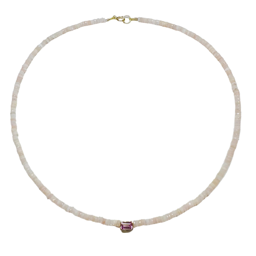 Pink Opal Heishi Necklace With Bezel Set Pink Tourmaline