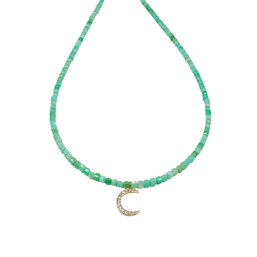 Delicate Block Chrysoprase Necklace With Diamond Moon Charm