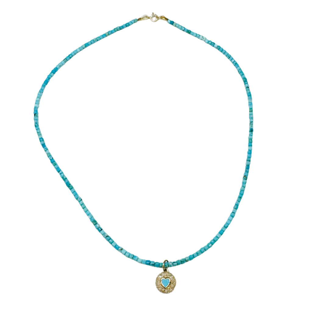 Delicate Block Turquoise Necklace With Dome Heart Charm