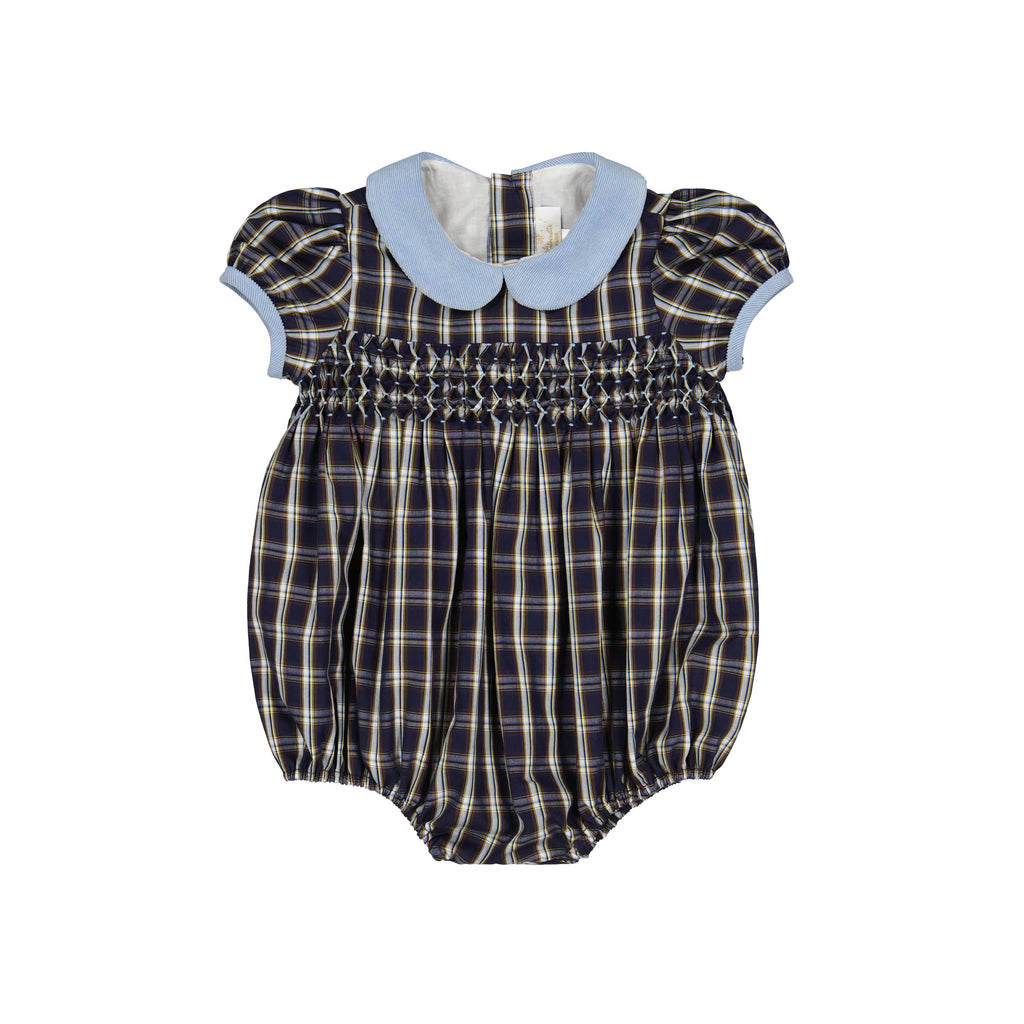 Angelica Navy Tartan Short Sleeve Smocked Bubble