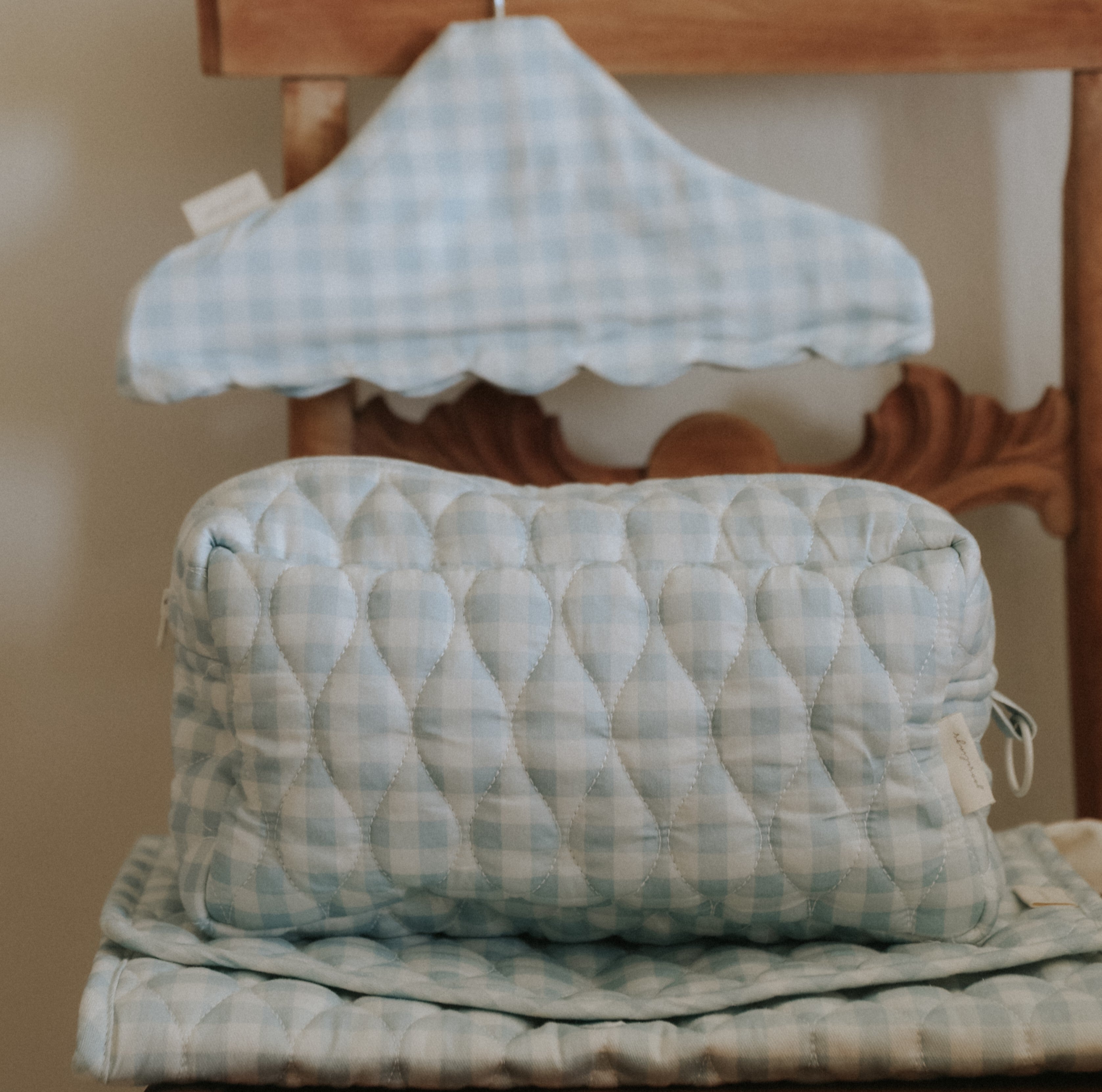 Children's Hanger, Pouch and Changing Pad in Blue Gingham.