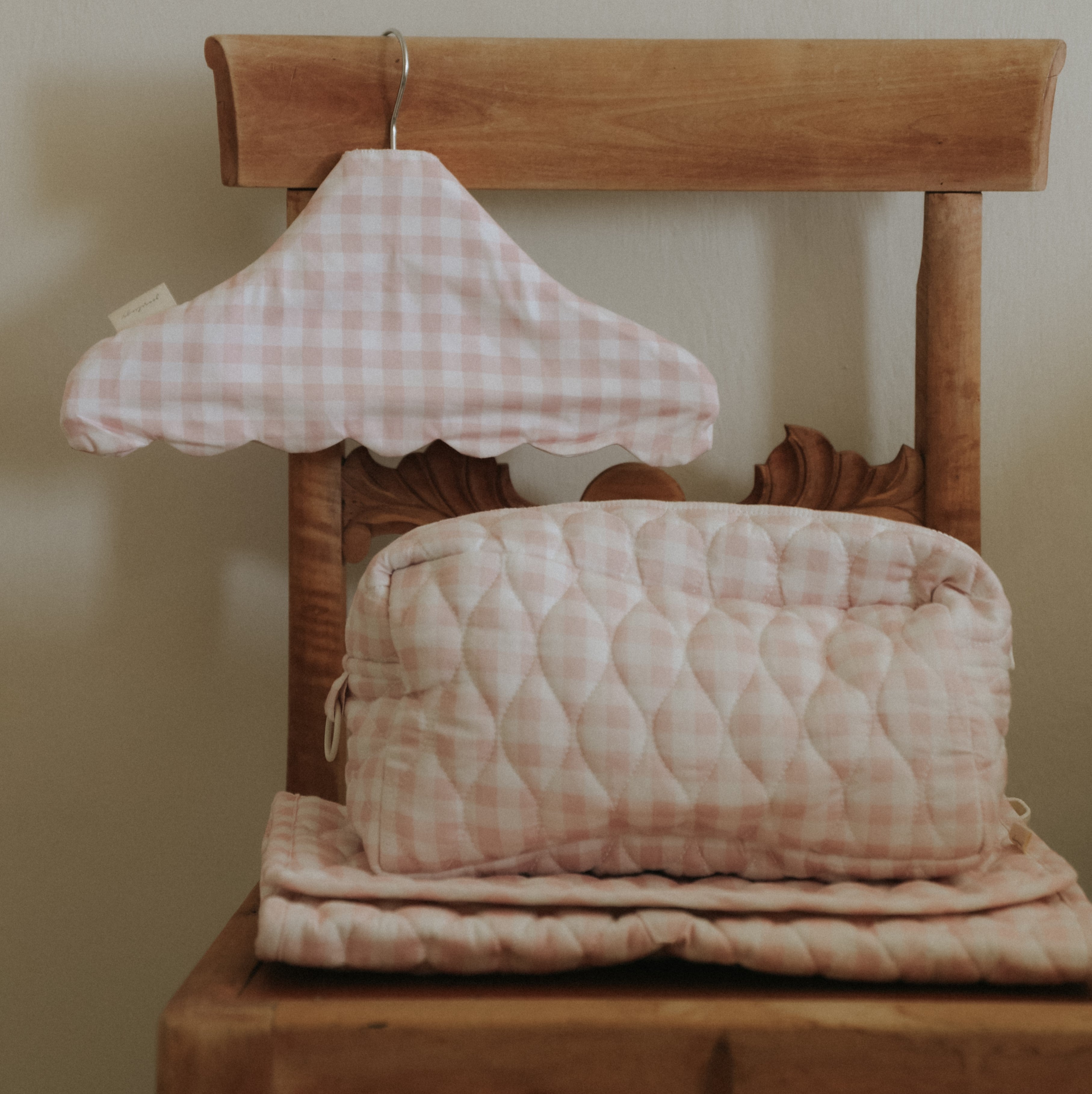 Children's Hanger, Pouch and Changing Pad in Pink Gingham.
