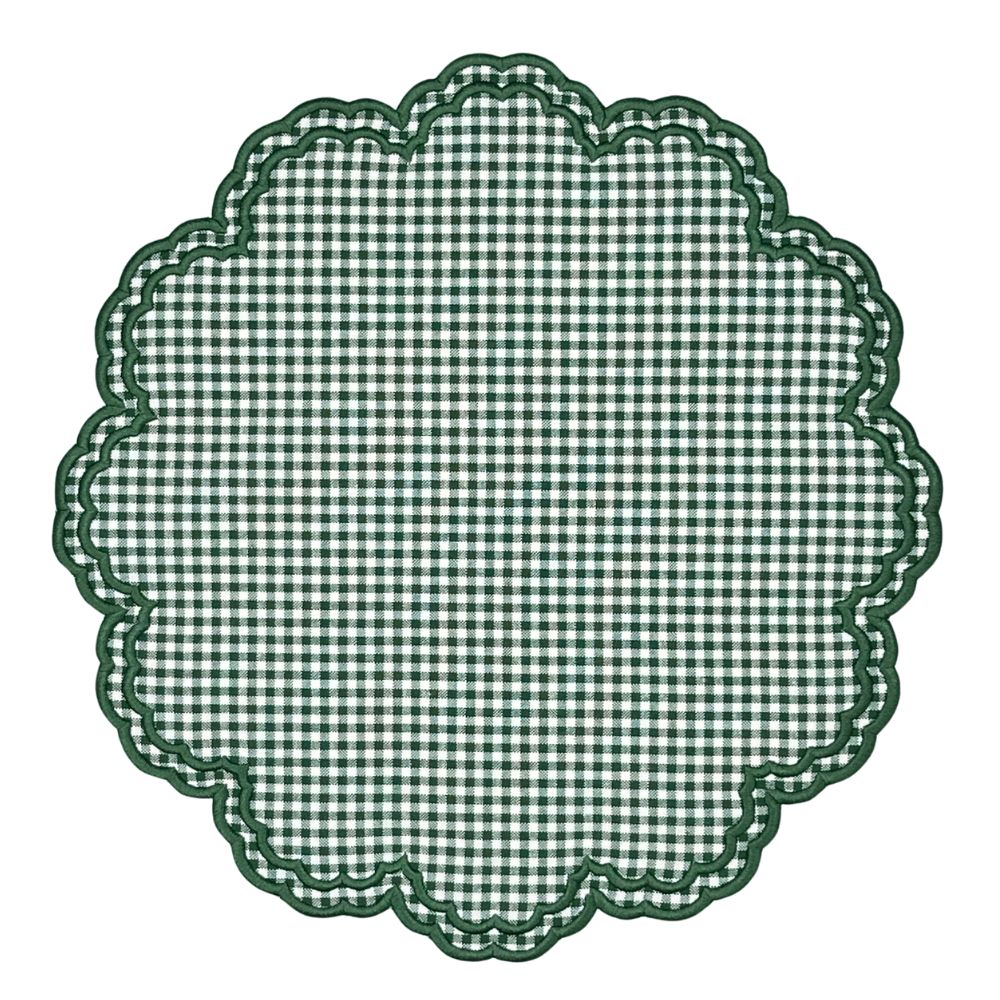 Green gingham luxury embroidered placemat with green silk embroidery