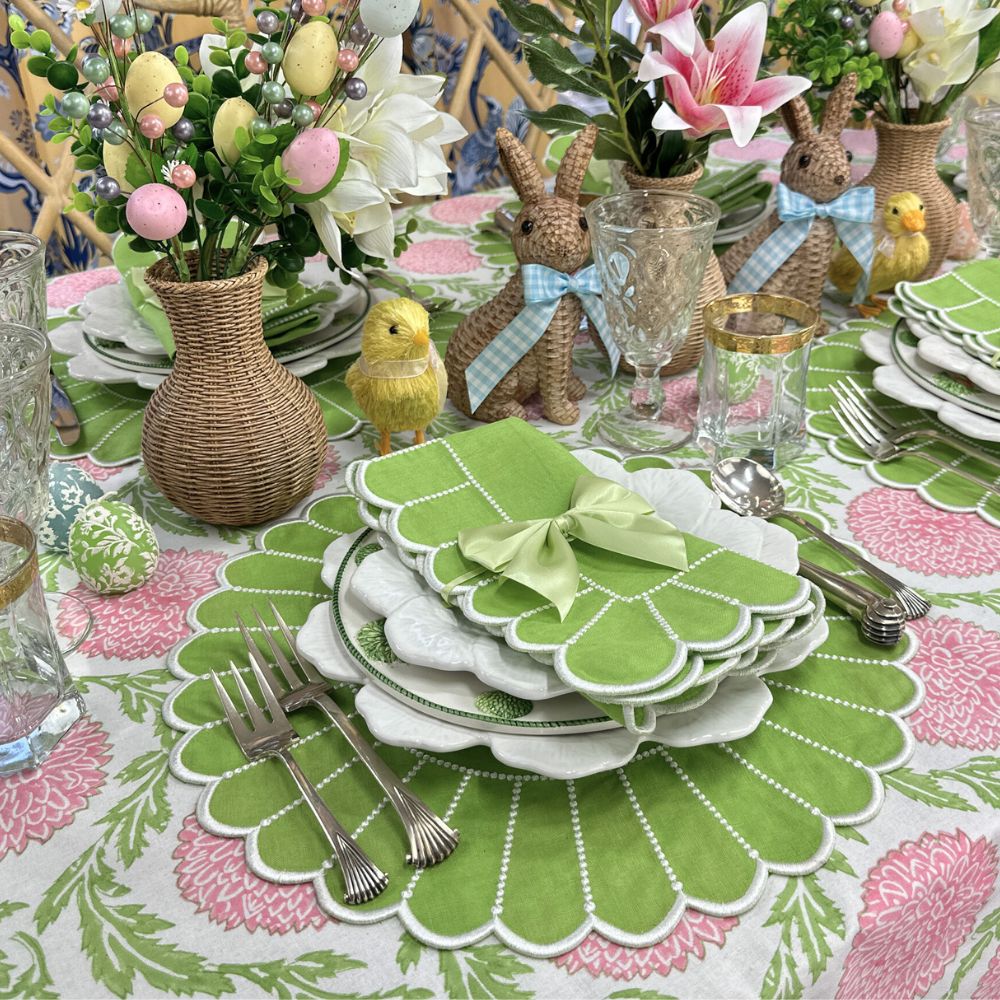 Green Luxury Linen Pippa placemat on floral tablecloth