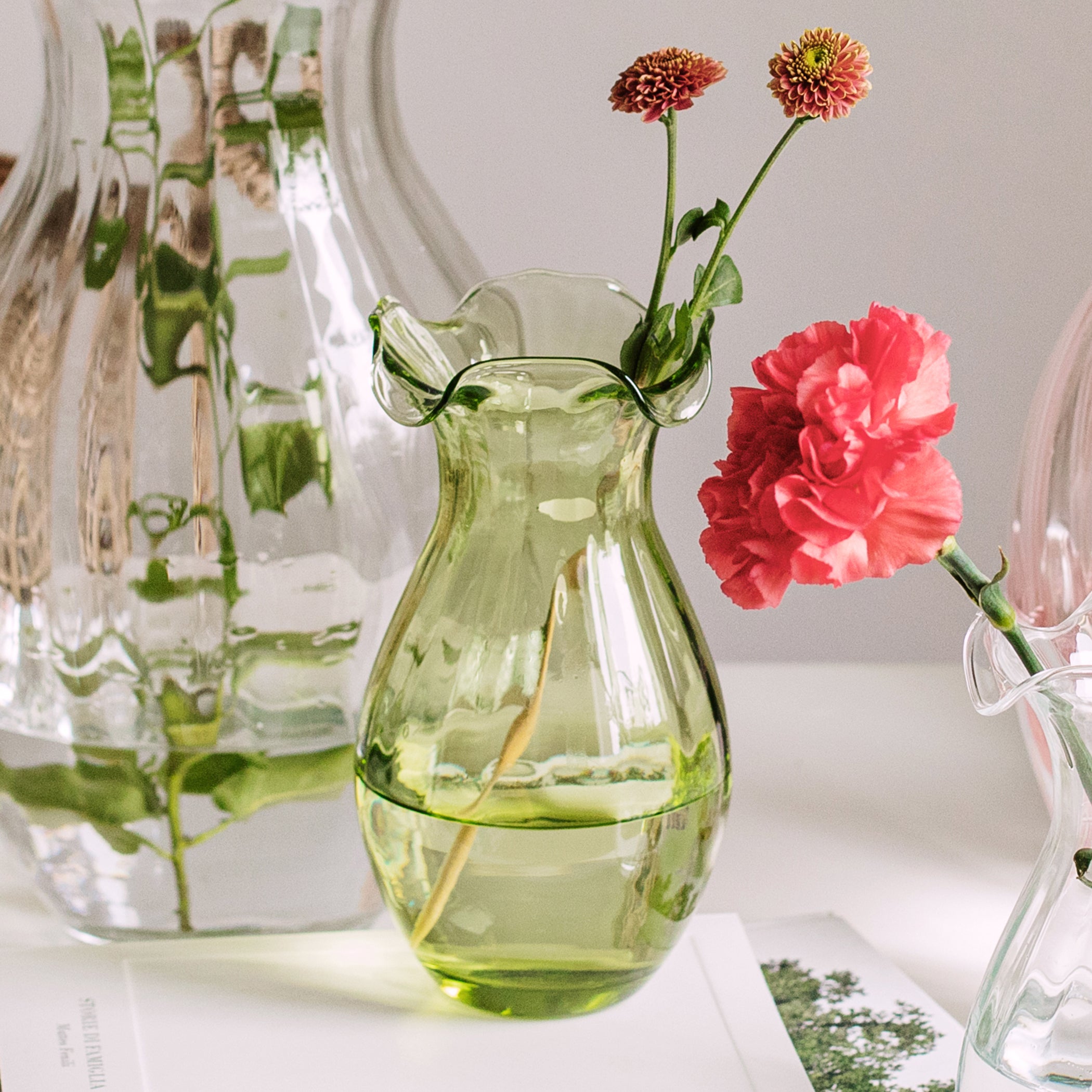 Hibiscus Glass Green Vertical Fluted Small Vase