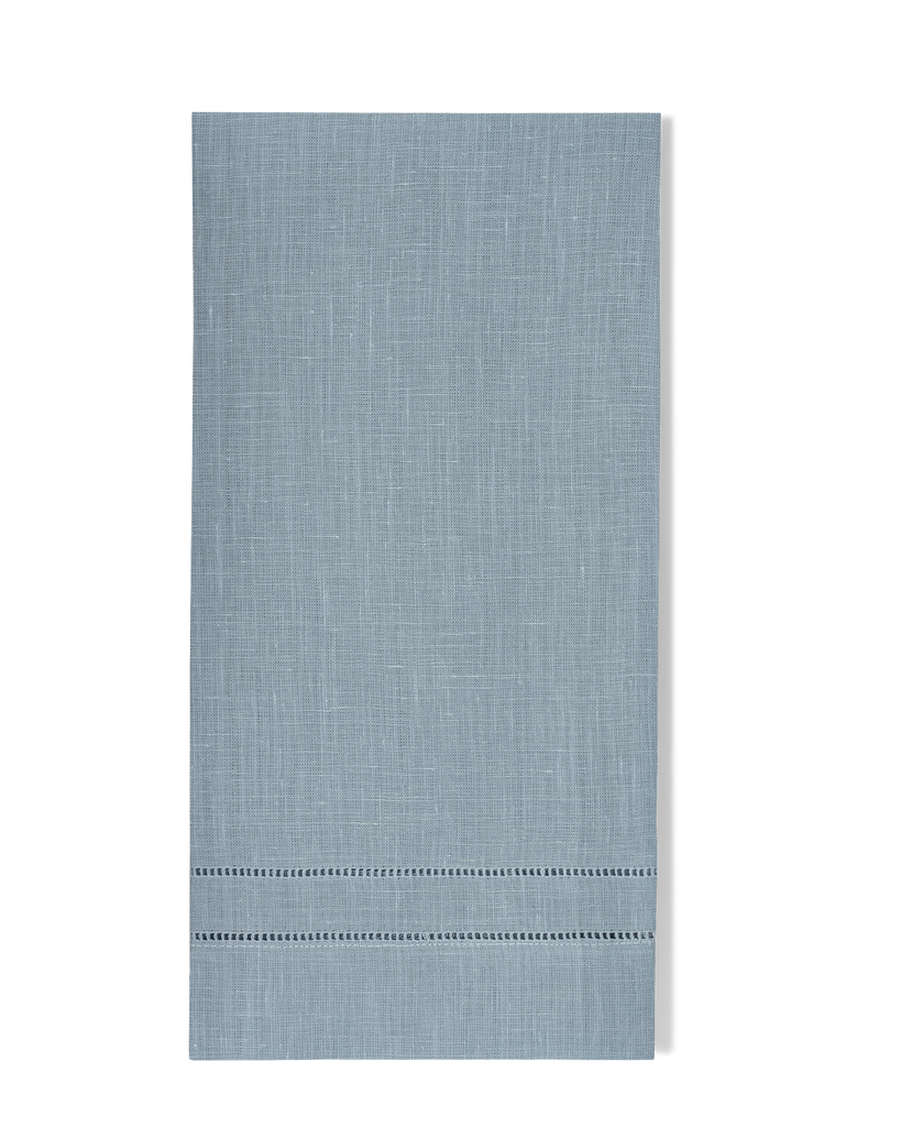 A sky blue linen hand towel with a hemstitch border