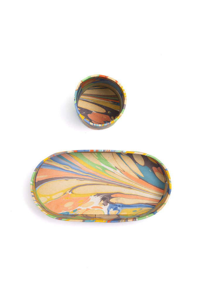 Hand-Marbled Desk Tray & Pencil Holder Organizer in Rainbow Marbling