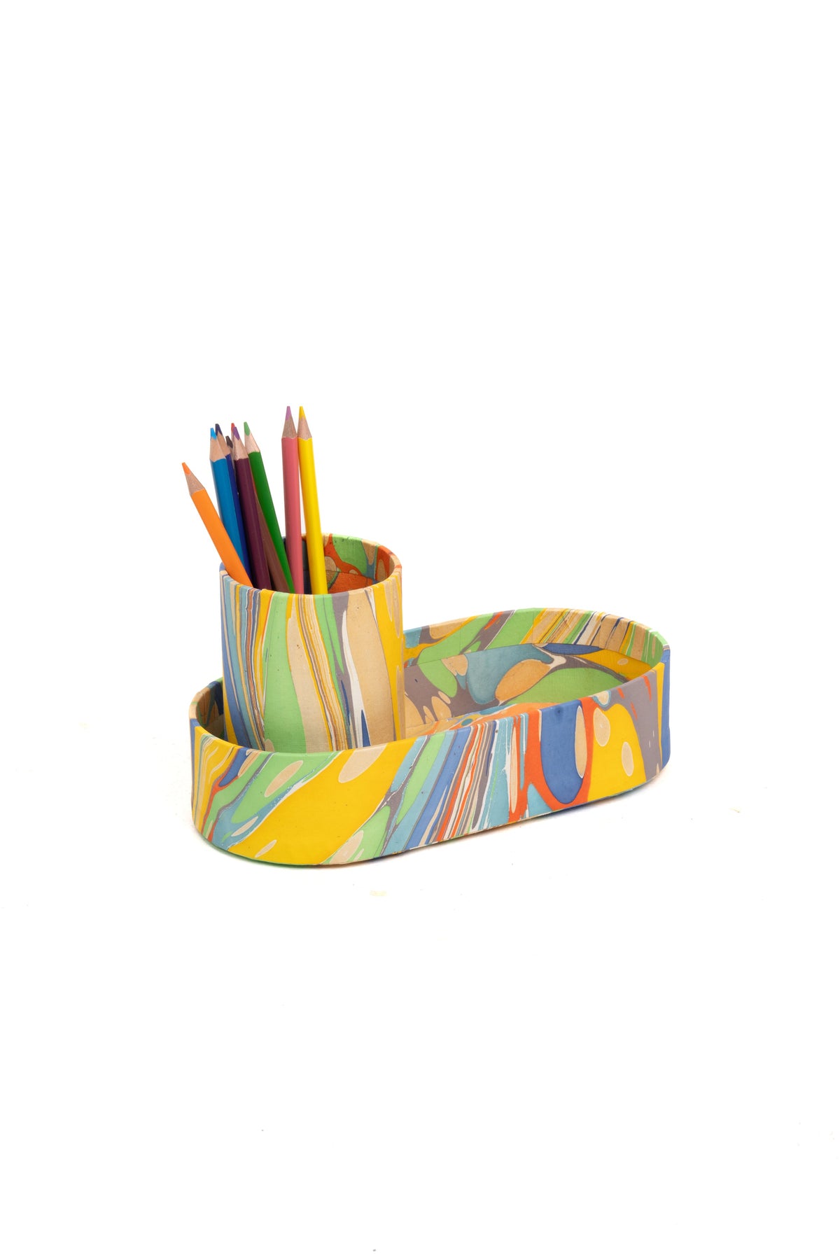 Hand-Marbled Desk Tray & Pencil Holder Organizer in Rainbow Marbling