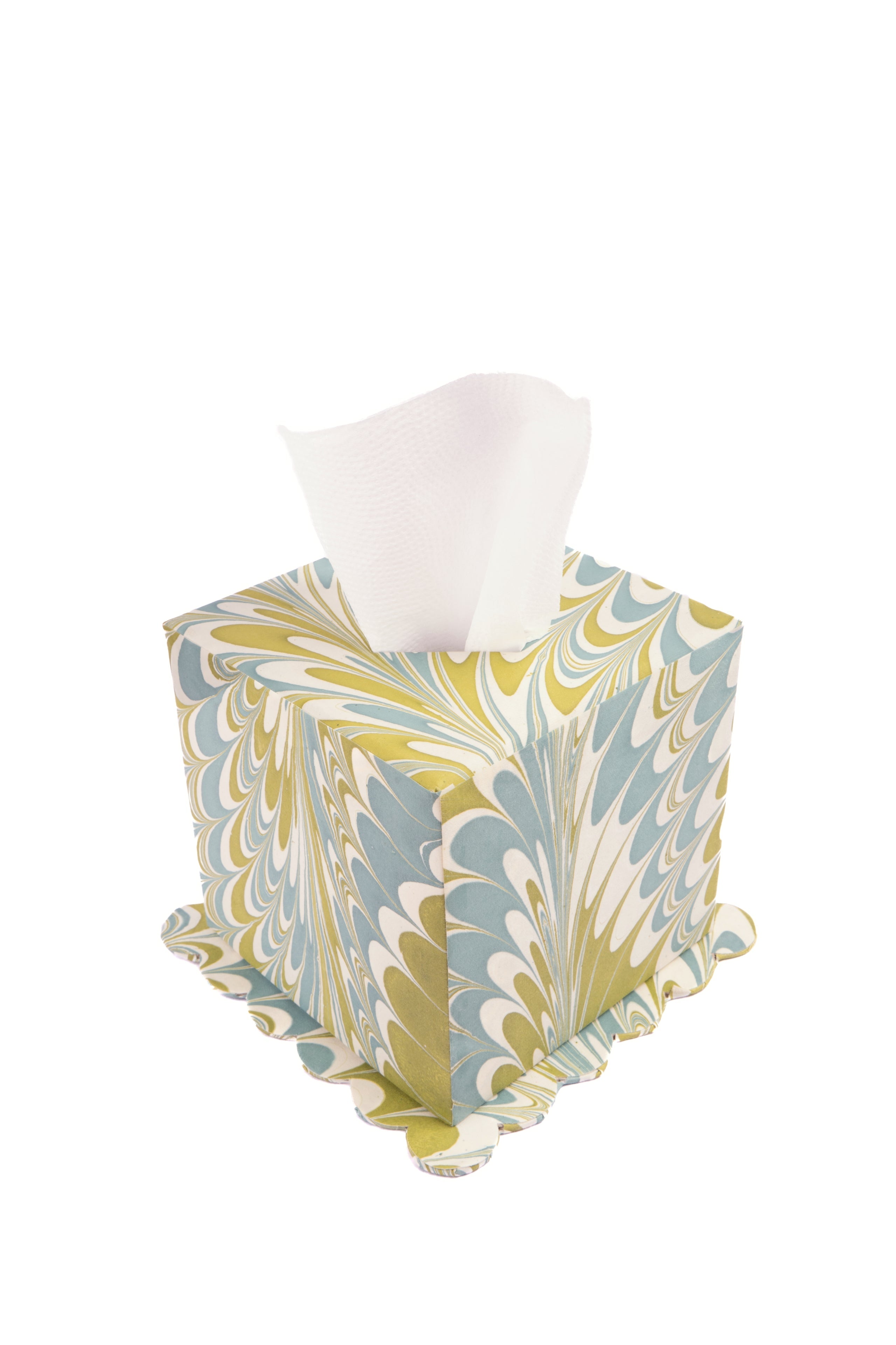 Hand-Marbled Scallop Tissue Box Cover in Robin Blue