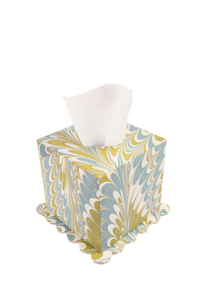 Hand-Marbled Scallop Tissue Box Cover in Robin Blue