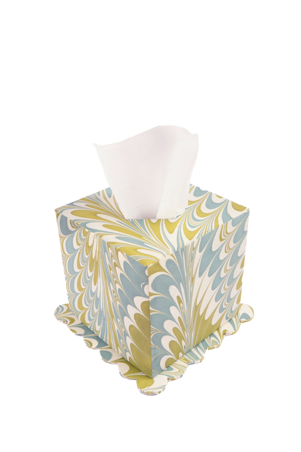 Hand-Marbled Scallop Tissue Box Cover in Robin Blue