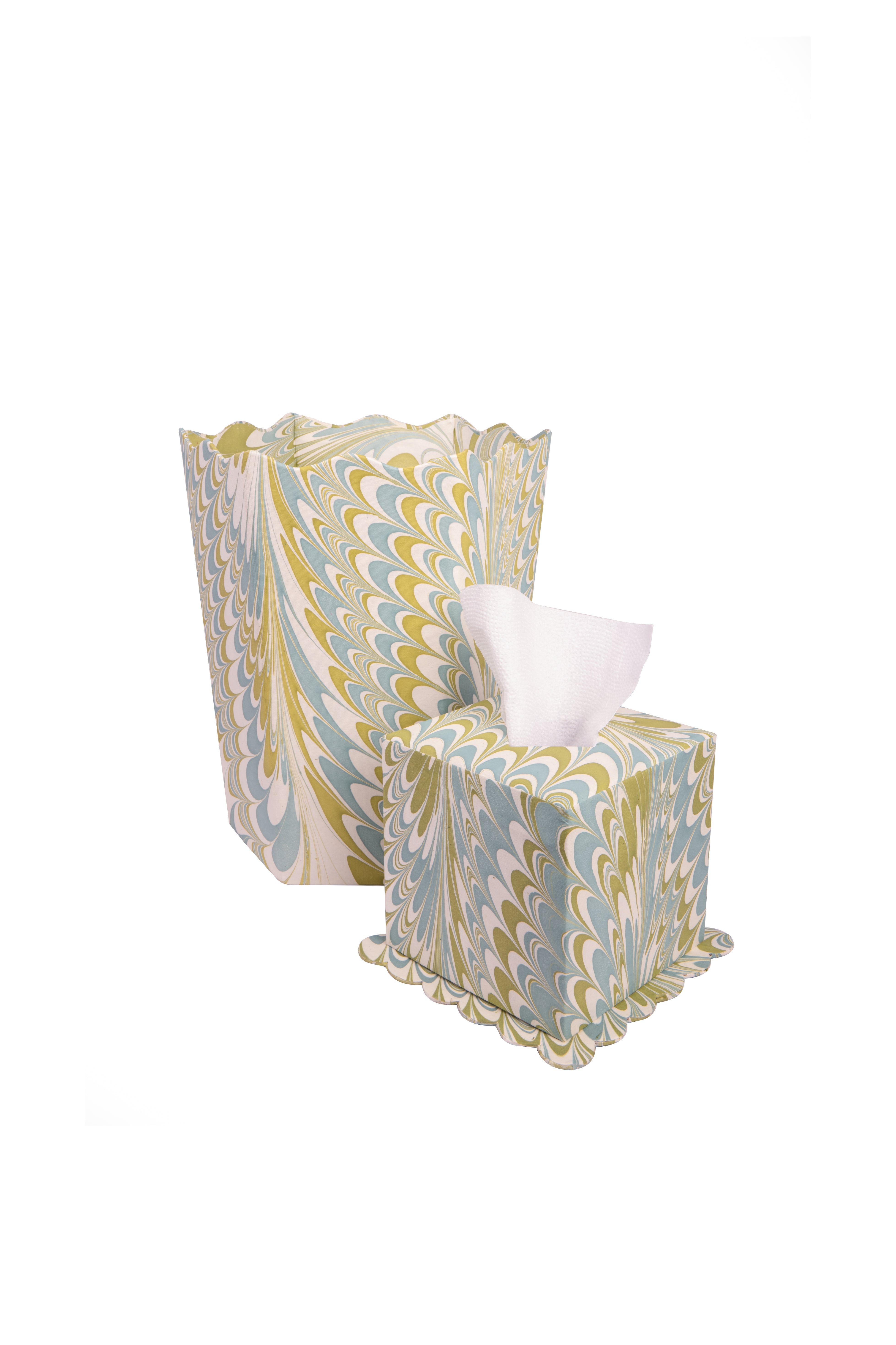 Hand-Marbled Scallop Tissue Box Cover in Robin Blue