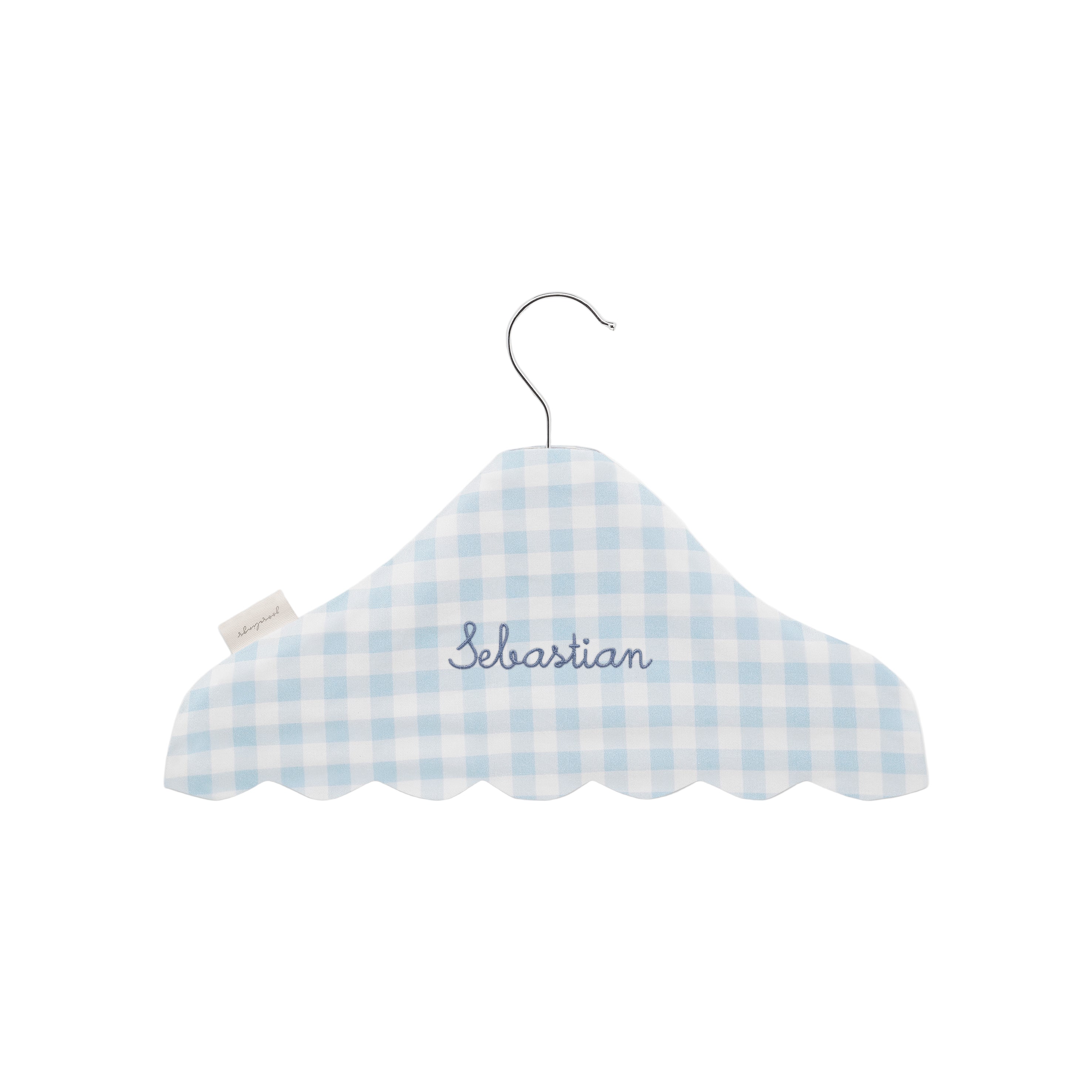 Children's Hanger in Blue Gingham with "Sebastian" embroidered on front.