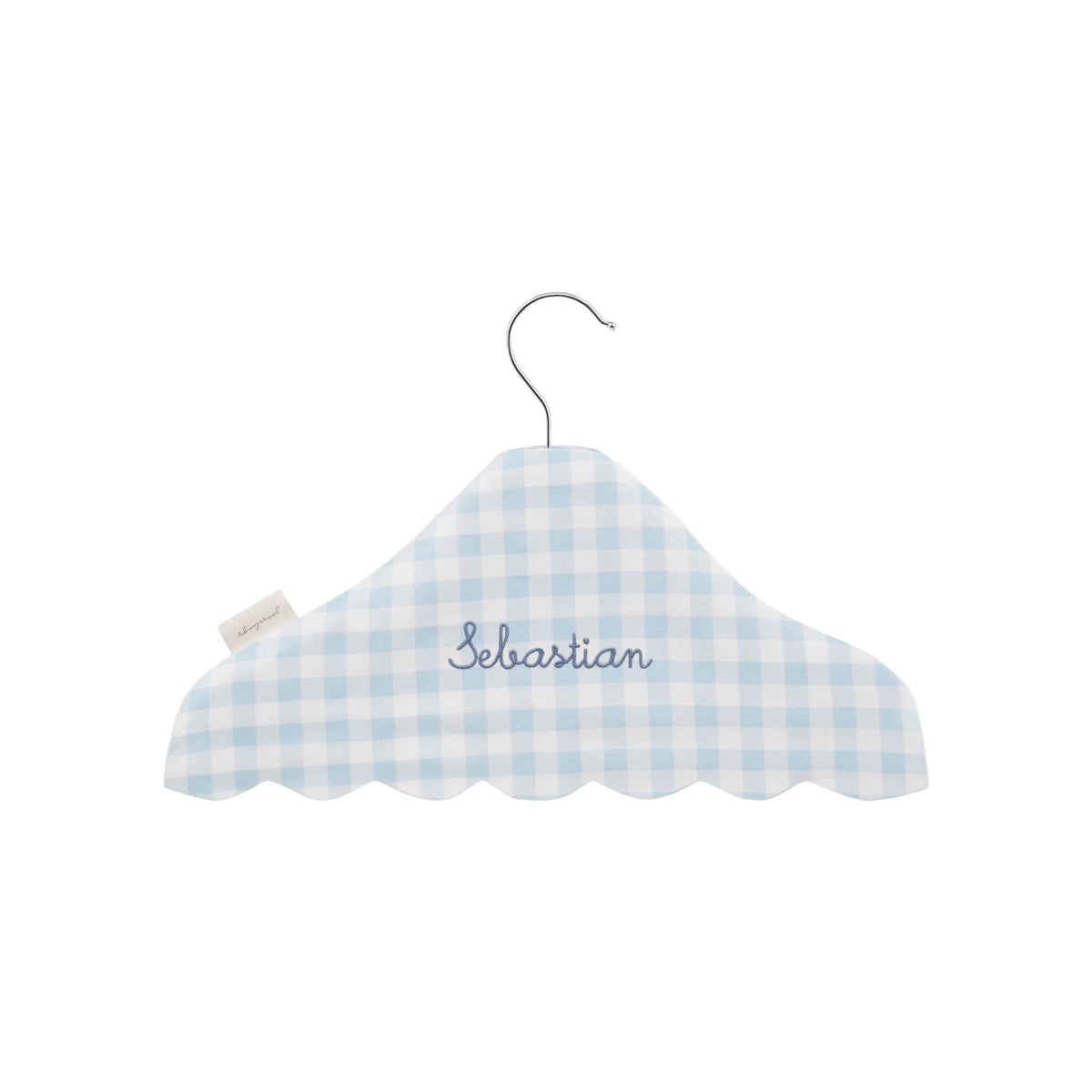 Children's Hanger in Blue Gingham with "Sebastian" embroidered on front.