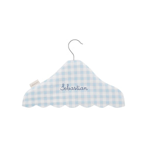 Children's Hanger in Blue Gingham with "Sebastian" embroidered on front.