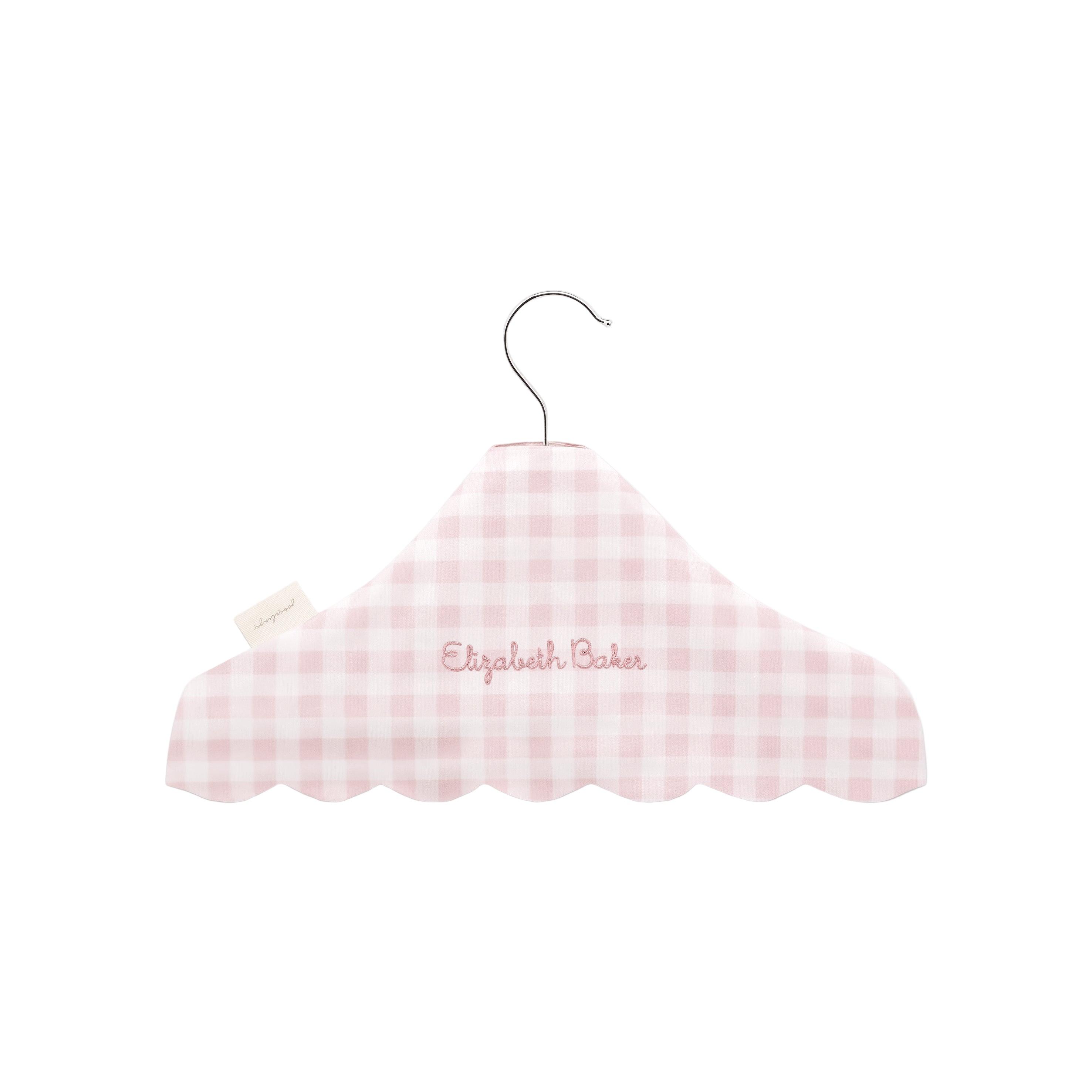 Children's Hanger in Pink Gingham with "Elizabeth Baker" embroidered on front.