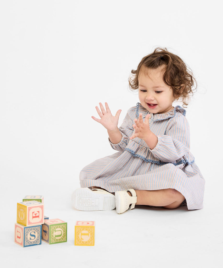 Hannah Baby Dress in Indigo Linen Stripe