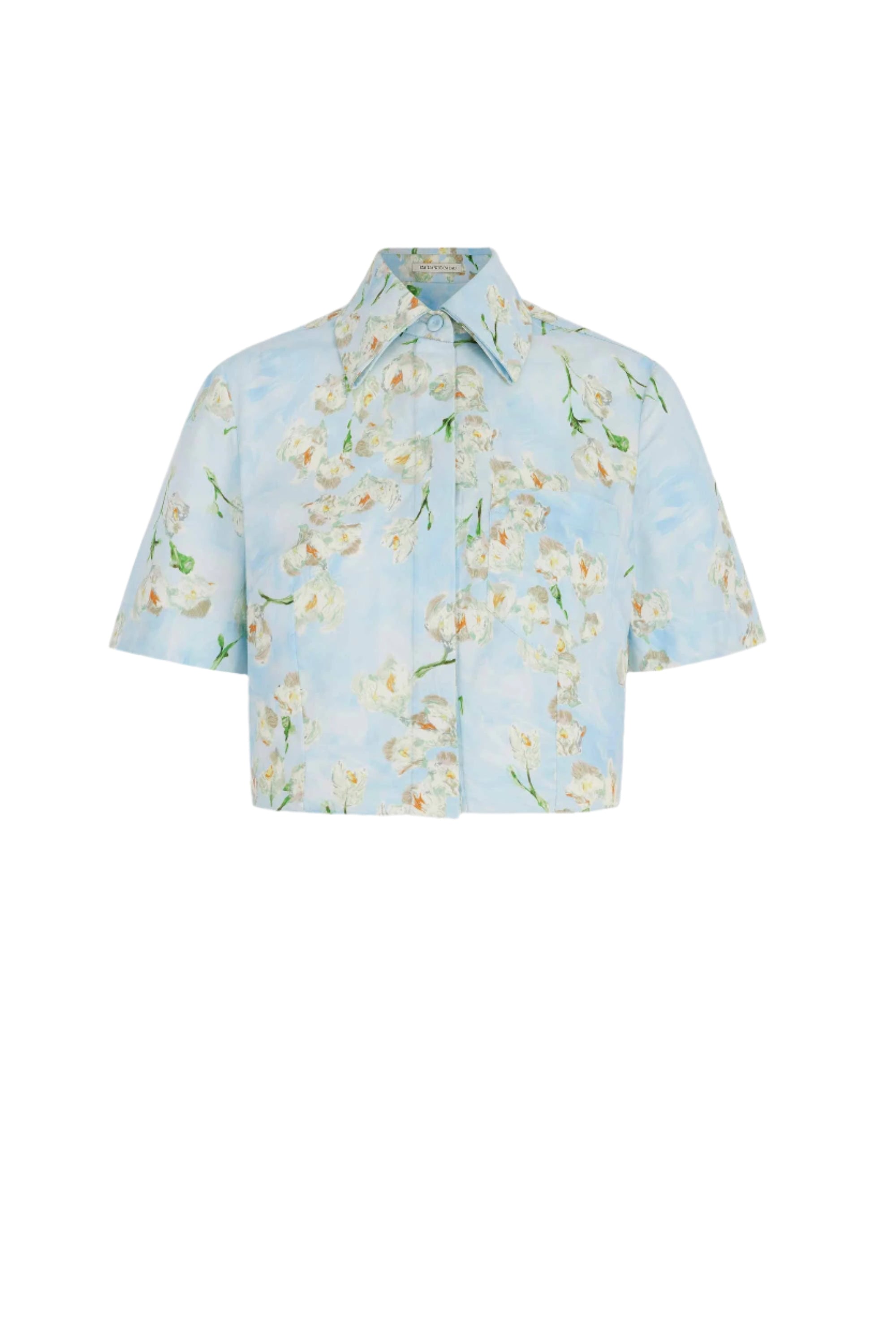 Natalie Cropped Shirt In Little Lillies On Blue Floral Print Cotton Poplin