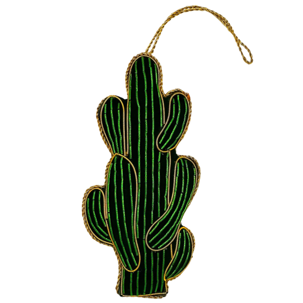 Image of a Saguaro cactus Christmas ornament with intricate beadwork.