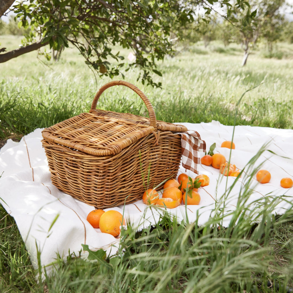 woven picnic basket outside on picnic blanket with oranges