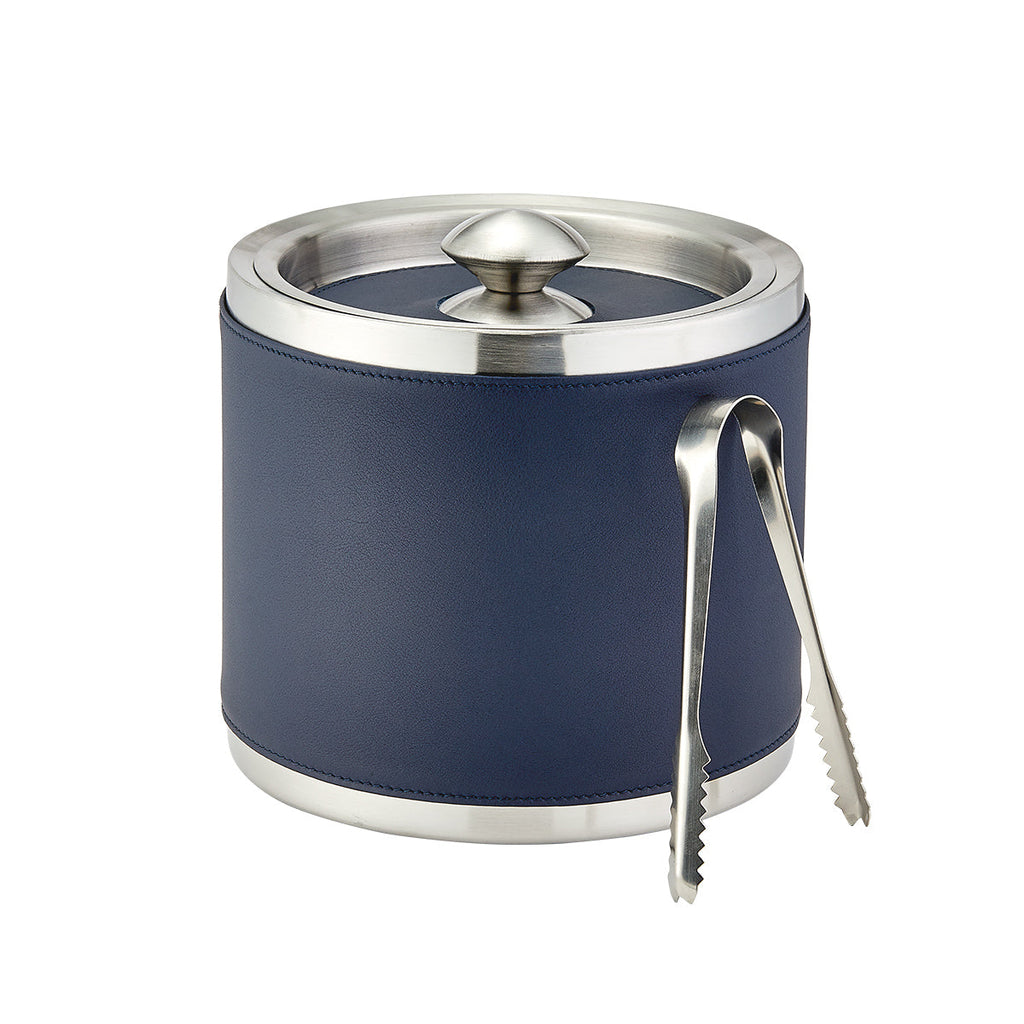 Leather Ice Bucket with Tongs in Blue