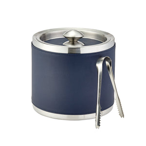 Leather Ice Bucket with Tongs in Blue