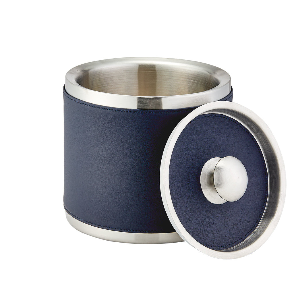 Leather Ice Bucket with Tongs in Blue