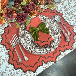 Fall Table Linens Woodland leaves tablecloth and napkin with leather Charlotte placemat and olive napkin bow- Woodland Spode china