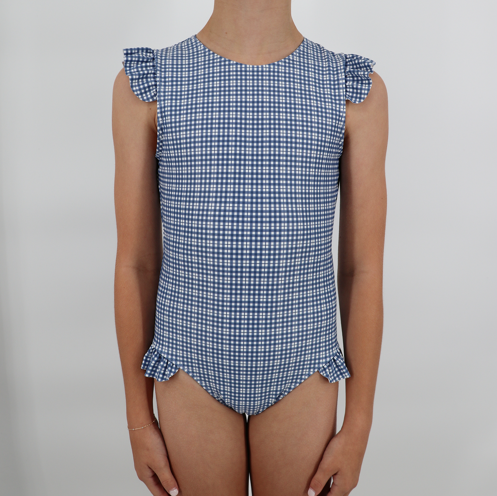 Girl’s Newport Navy Gingham Cap Sleeve Rashguard One Piece