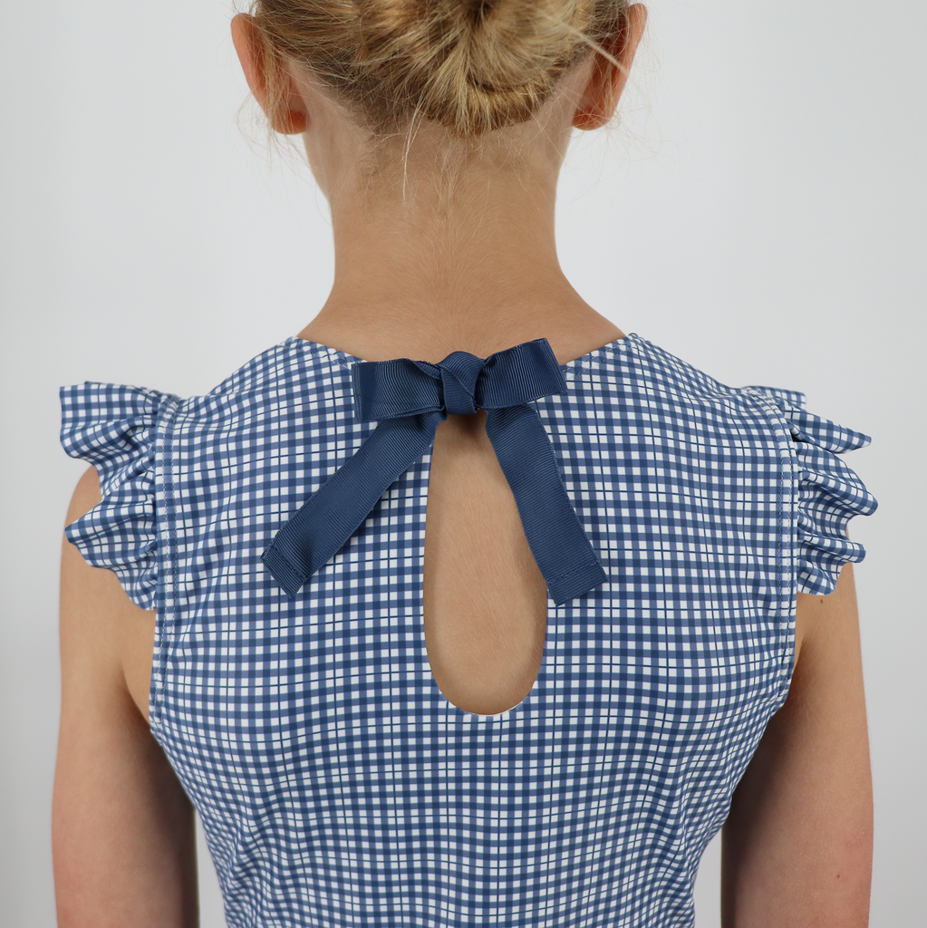Girl’s Newport Navy Gingham Cap Sleeve Rashguard One Piece