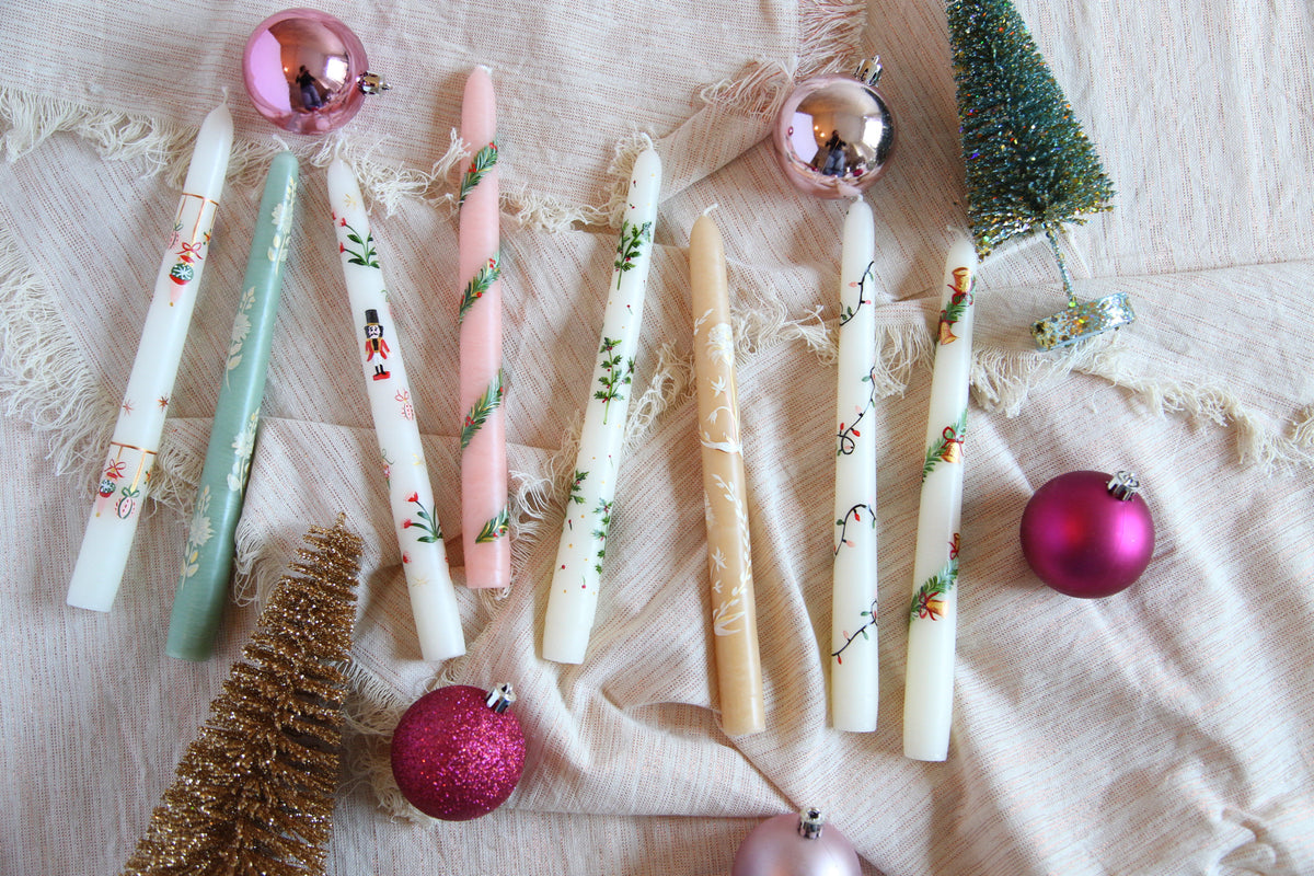 Pink Garland and Berry Hand-Painted Taper Candles, Set of Two