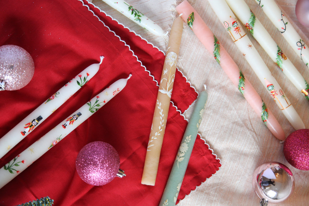 Pink Garland and Berry Hand-Painted Taper Candles, Set of Two