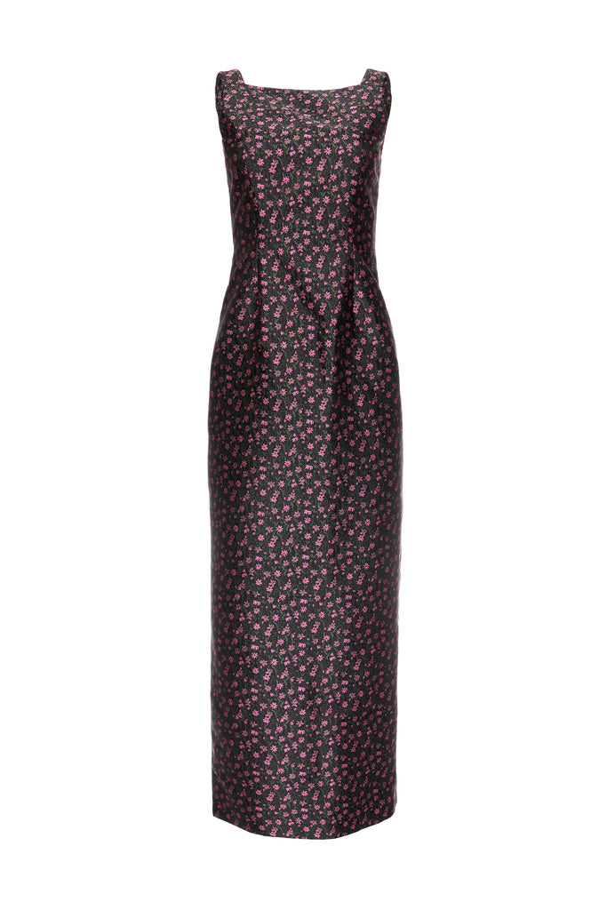 Ayak Dress in Black and Pink Floral Jacquard