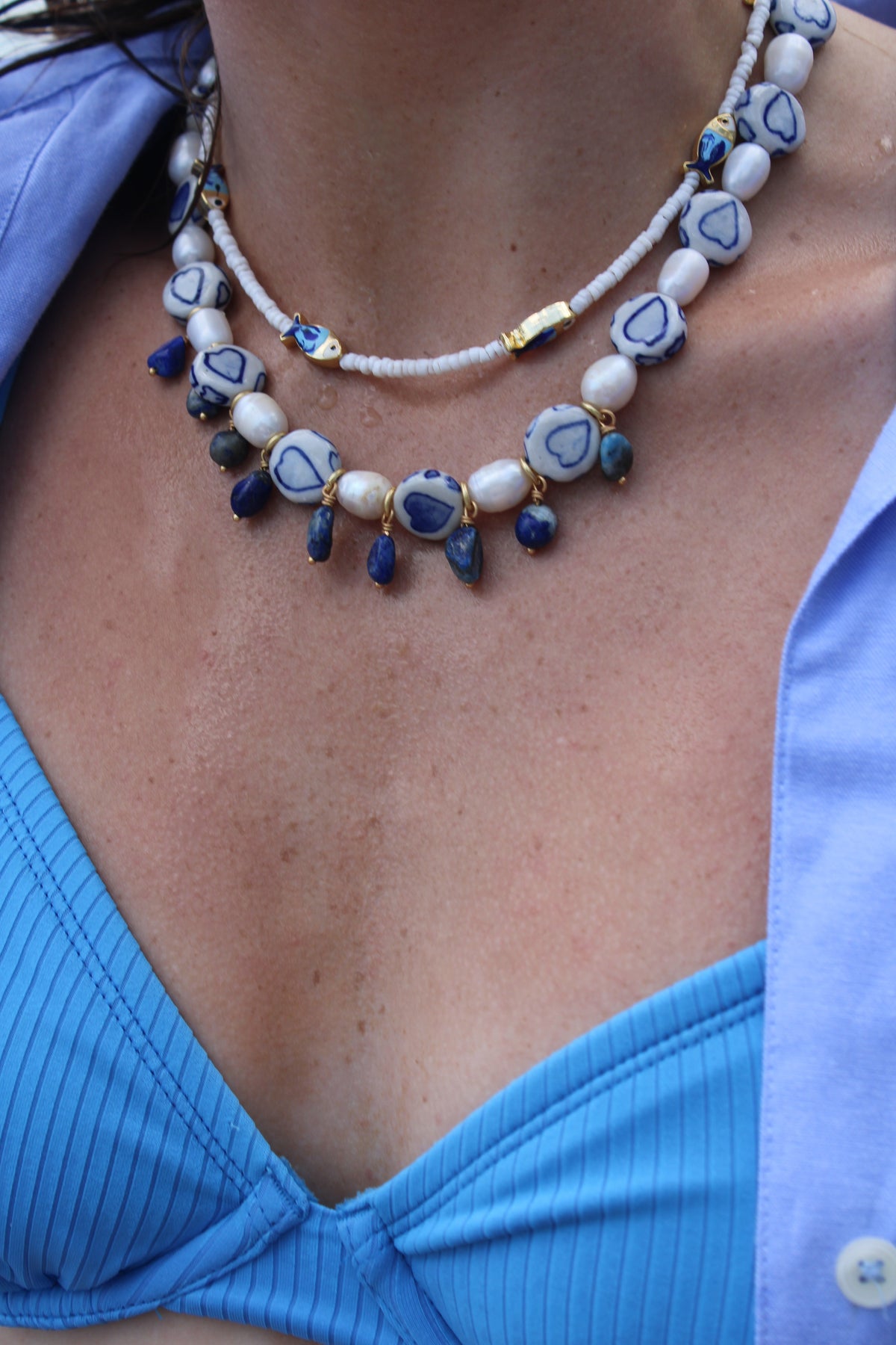White Heishi Blue Fish Necklace